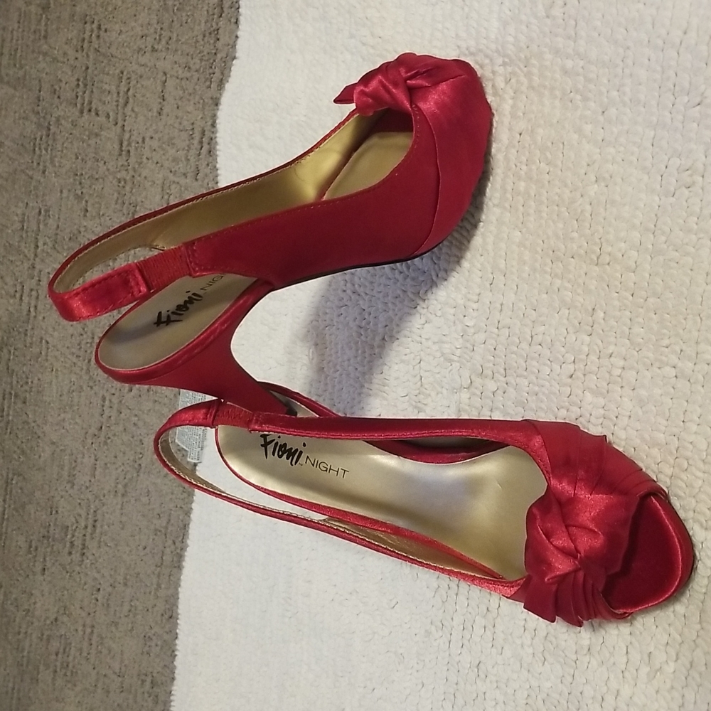 Fioni Night Red satin 4" peeptoe slingback heels